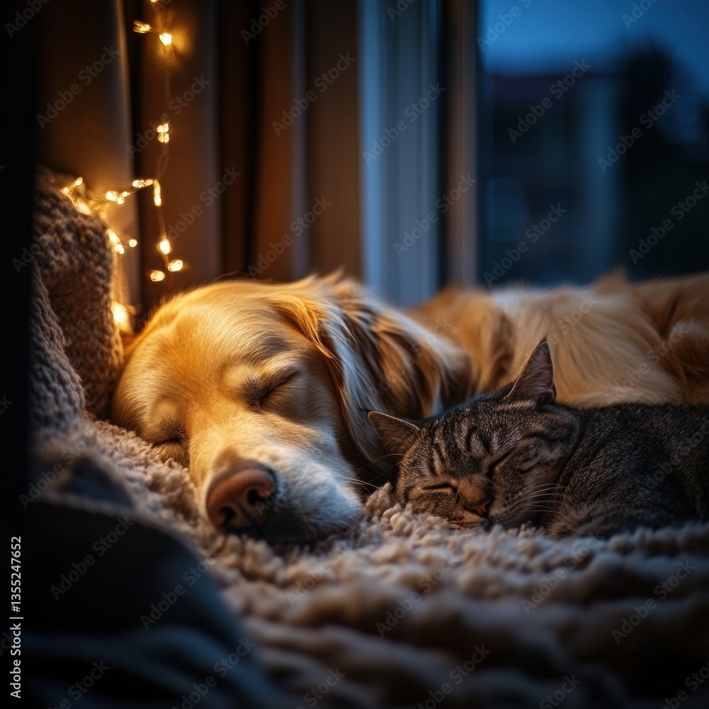 custom made wallpaper toronto digitalGolden retriever and cat peacefully sleeping together in a cozy bedroom at night with warm ambiance Generative AI