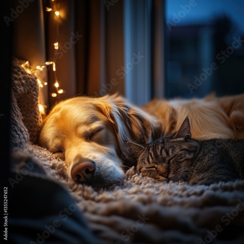 Wallpaper Mural Golden retriever and cat peacefully sleeping together in a cozy bedroom at night with warm ambiance Generative AI Torontodigital.ca