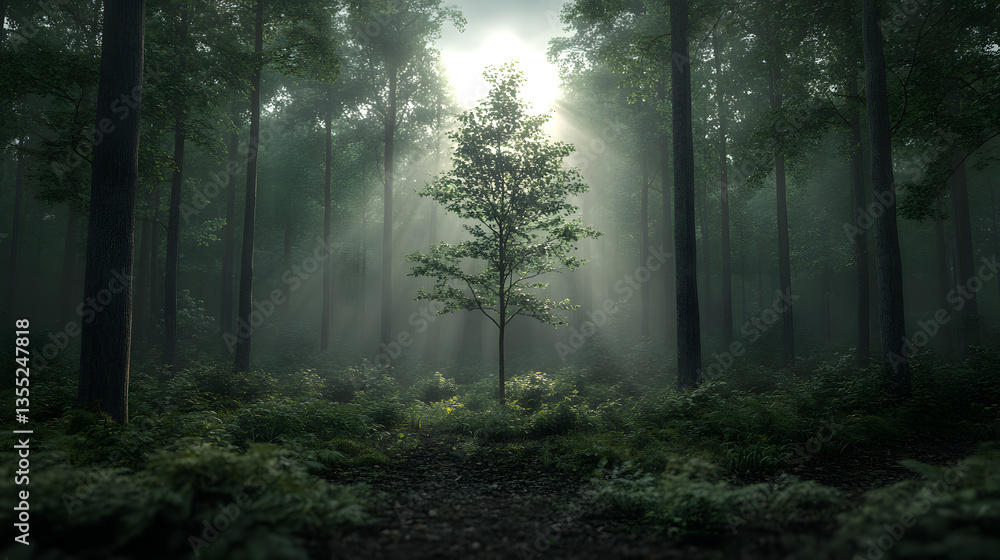 Obraz premium Sunlight piercing misty forest