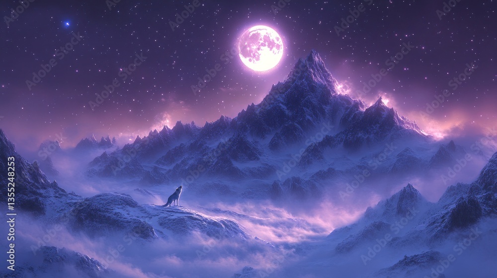 Fototapeta premium Lone wolf on snowy mountain peaks, mystical moonlit night