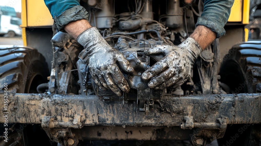 Repairing Heavy Equipment Engine with Protective Gloves Covered in Mud Repairing Heavy Equipment Engine with Protective Gloves Covered in Mud