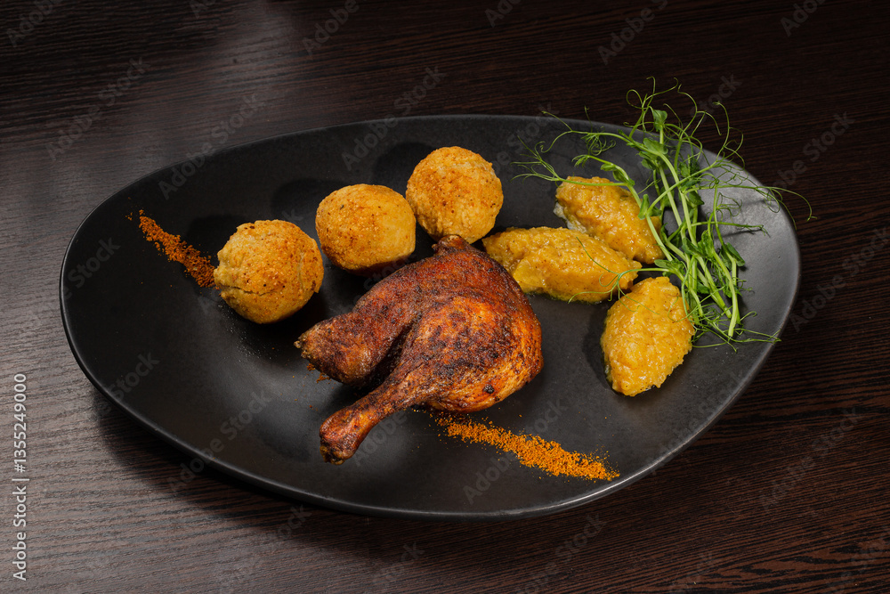 Very healthy roast duck thigh with potatoes and greens on a black plate on a wooden table serving in a restaurant. nice decoration of the dish. diet food in a restaurant. new recipe