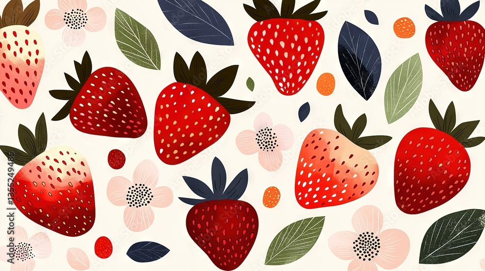A zoomed-in shot of red strawberries arranged in a design against a pure white backdrop, accompanied by surrounding green foliage and additional berries A zoomed-in shot of red strawberries arranged in a design against a pure white backdrop, accompanied by surrounding green foliage and additional berries