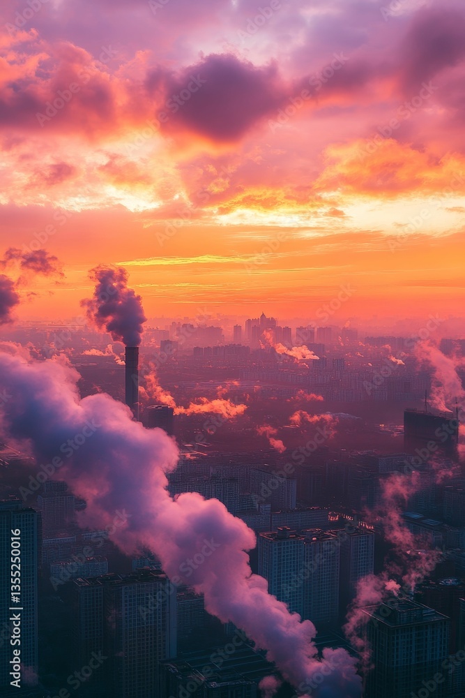 Fototapeta premium Colorful sky over city pollution at sunset.