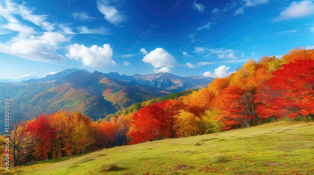 Fototapeta premium Autumn mountains with vibrant fall foliage under a clear blue sky 