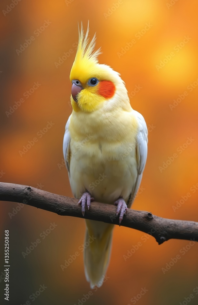 Fototapeta premium Cockatiel bird perched on branch. Yellow crest, orange cheek patches, gray wings. Exotic parrot with bright eyes, sitting on tree branch in warm colors. Wildlife, nature.