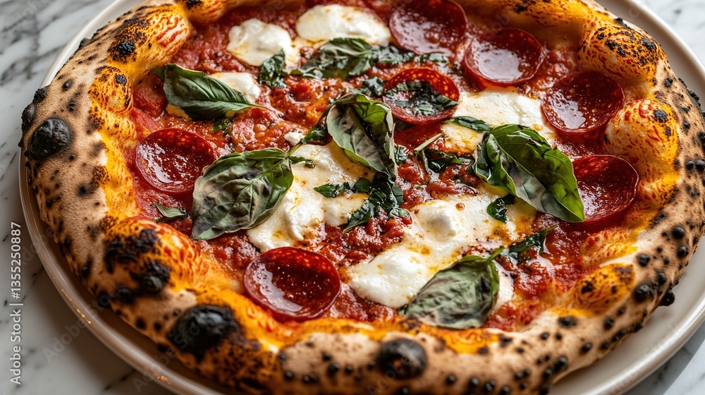 A Rustic Wood-Fired Pizza with Golden Crispy Crust, Bubbling Mozzarella, Tangy Tomato Sauce, Pepperoni, Fresh Basil, and Olive Oil Drizzle on Cutout Background A Rustic Wood-Fired Pizza with Golden Crispy Crust, Bubbling Mozzarella, Tangy Tomato Sauce, Pepperoni, Fresh Basil, and Olive Oil Drizzle on Cutout Background