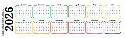 Calendar for 2026 isolated on a white background