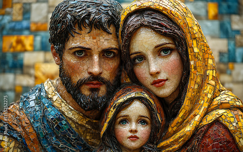 Mosaic art of a family depicting mother father and child