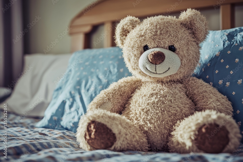 Soft teddy bear sitting on a cozy bed with blue pillows and patterned blanket during daylight Soft teddy bear sitting on a cozy bed with blue pillows and patterned blanket during daylight