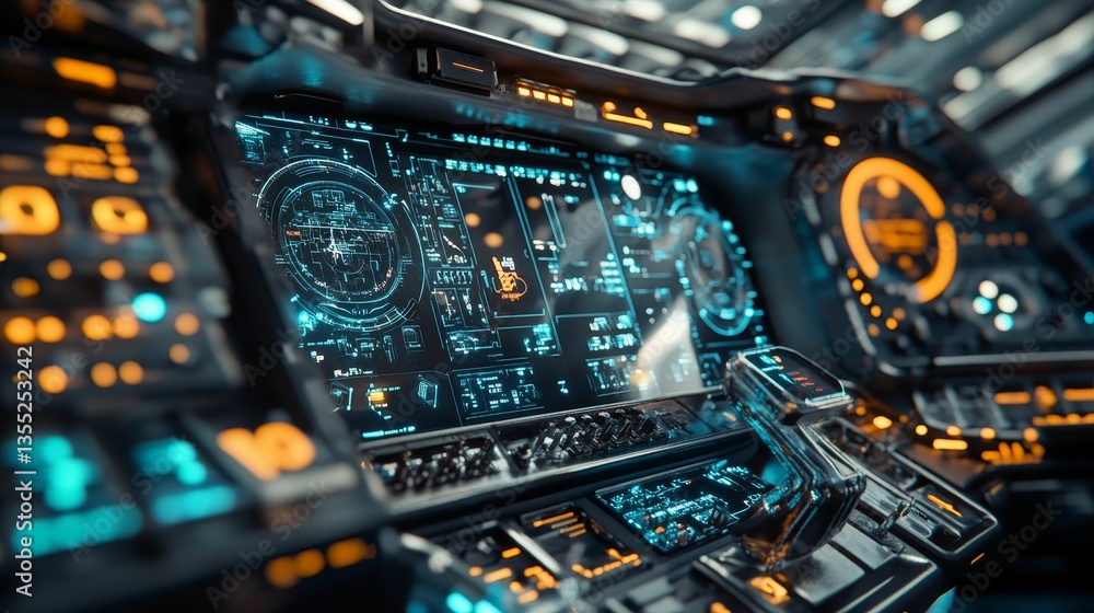 Fototapeta premium Futuristic spaceship console displays complex data streams.