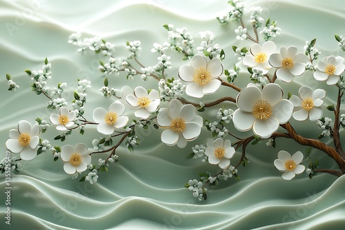 Blooming White Cherry Blossoms, Floral Branches, Gold Accents on Smooth Abstract Surface