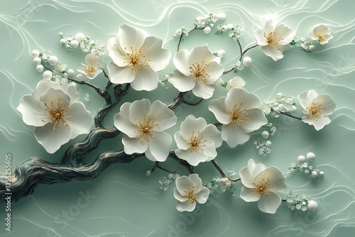 Minimalist Blossom Branch Elegant White Flowers, Textured Bark on Soft Green Background