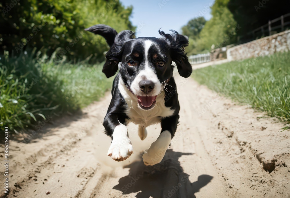american cocker dog running in a green countryside, doggy playing outdoors in the nature, hairy friend in the nature american cocker dog running in a green countryside, doggy playing outdoors in the nature, hairy friend in the nature