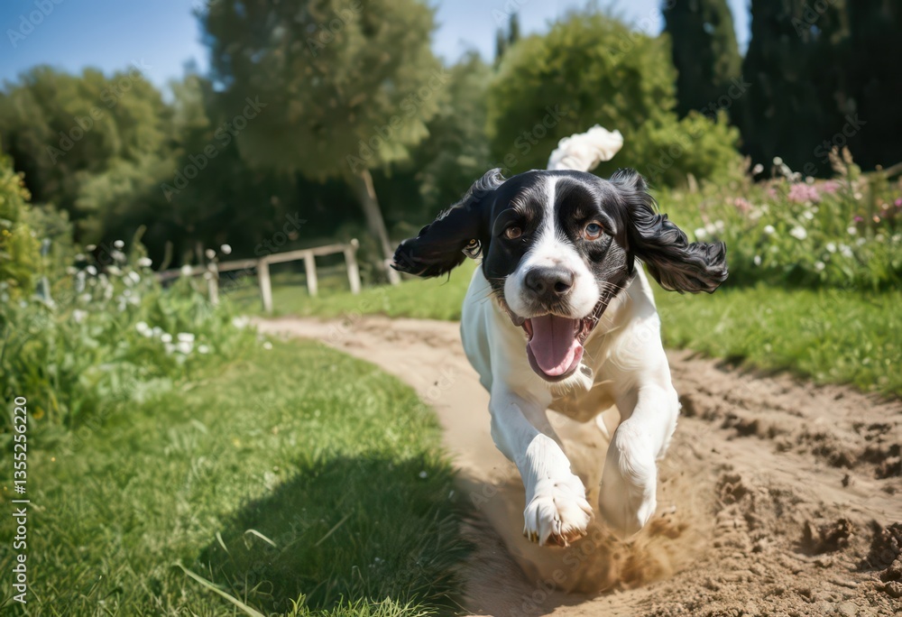 american cocker dog running in a green countryside, doggy playing outdoors in the nature, hairy friend in the nature american cocker dog running in a green countryside, doggy playing outdoors in the nature, hairy friend in the nature