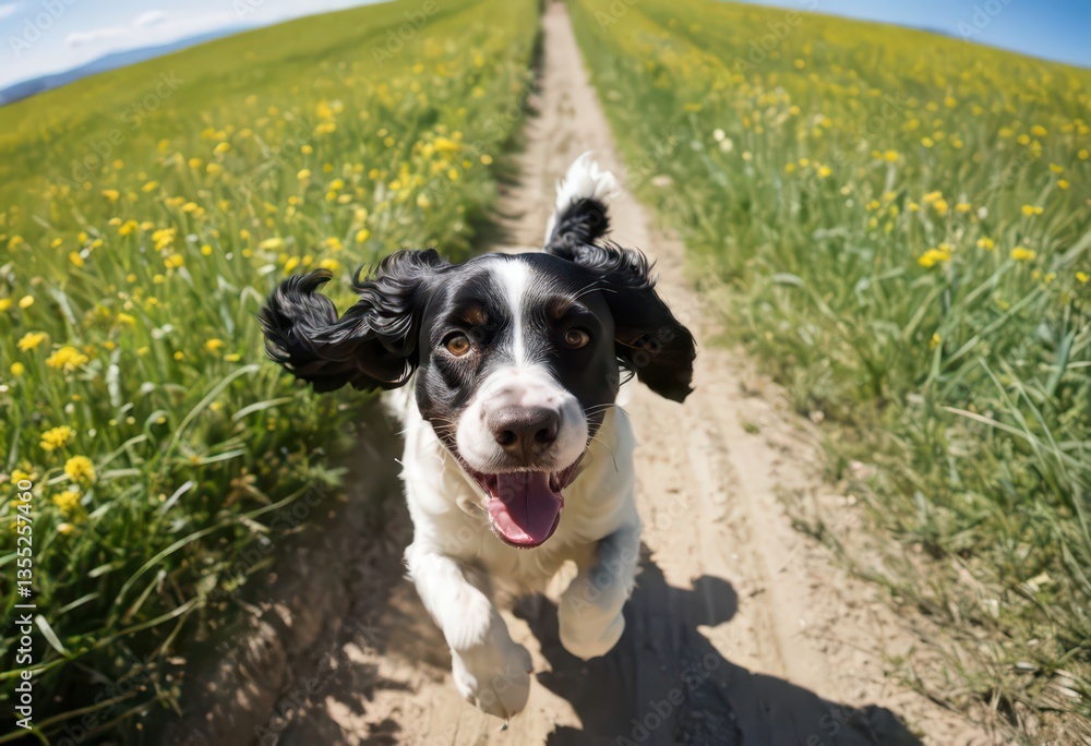 american cocker dog running in a green countryside, doggy playing outdoors in the nature, hairy friend in the nature american cocker dog running in a green countryside, doggy playing outdoors in the nature, hairy friend in the nature