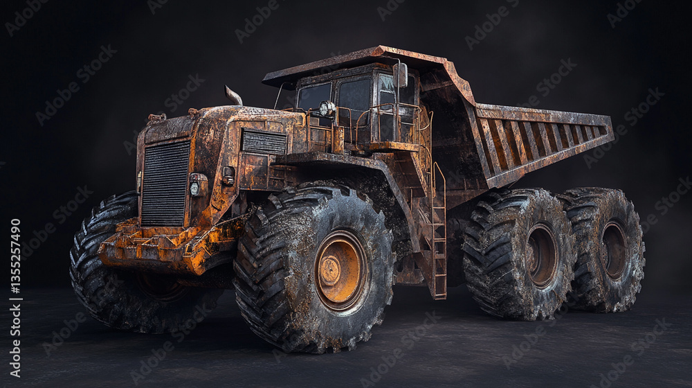 Rusty, old, large mining dump truck on dark background. Rusty, old, large mining dump truck on dark background.