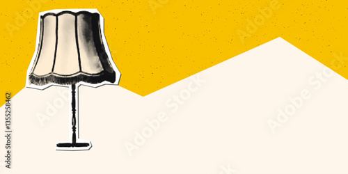 Trendy halftone collage banner template. Lamp illumination, vintage torchere, lampshade with tassels, paper clipping with dotted texture on bold yellow background. Modern retro vector illustration