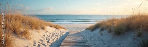 Wooden boardwalk leads to calm ocean. Sandy beach with sea grass on dunes. Blue sky, sunny day. Scenic travel destination for vacation, summer holidays. Peaceful nature seascape.