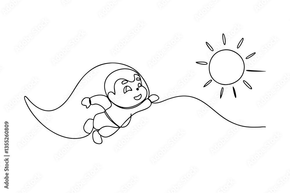 Happy Child Flying, OneLine Drawing, Sun, Sky, Joyful, Cartoon, Illustration, White Background, Simp Happy Child Flying, OneLine Drawing, Sun, Sky, Joyful, Cartoon, Illustration, White Background, Simp