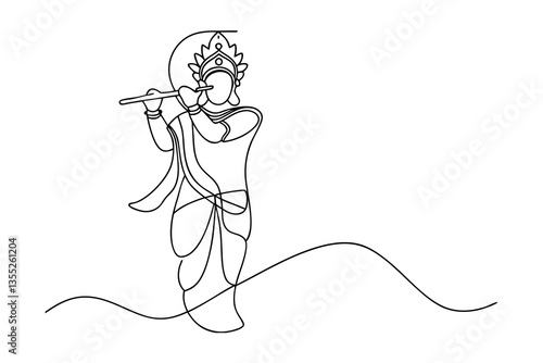 Krishna, Flute Player, Hindu God, OneLine Drawing, Indian Deity, Spiritual Art, Religious Symbol, My