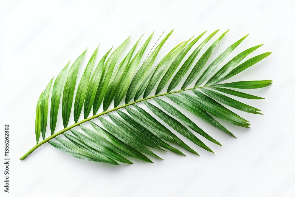 Fototapeta premium A minimalistic composition featuring a vibrant green palm leaf laid flat on a white background