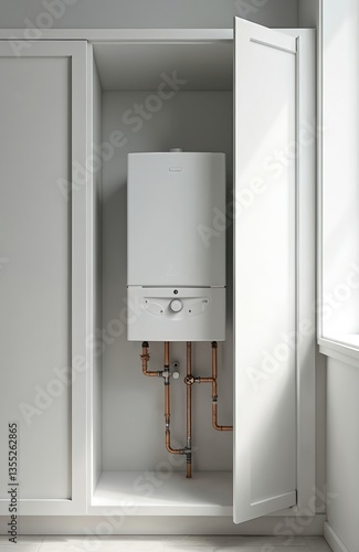 Gas boiler inside white kitchen cabinet, open door. Modern condensing heating system, water pipes. Domestic central heating, hot water supply. Energy-efficient, eco-friendly, home comfort tech.