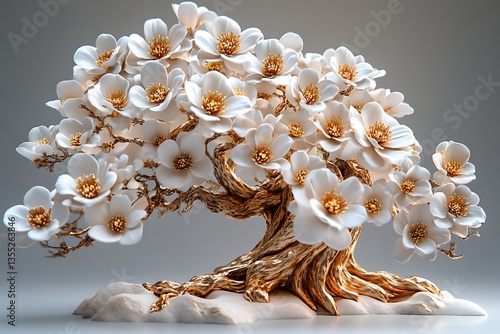 Blooming White Flowers on Gilded Tree Branches, Elegant Botanical Art, Detailed Flora