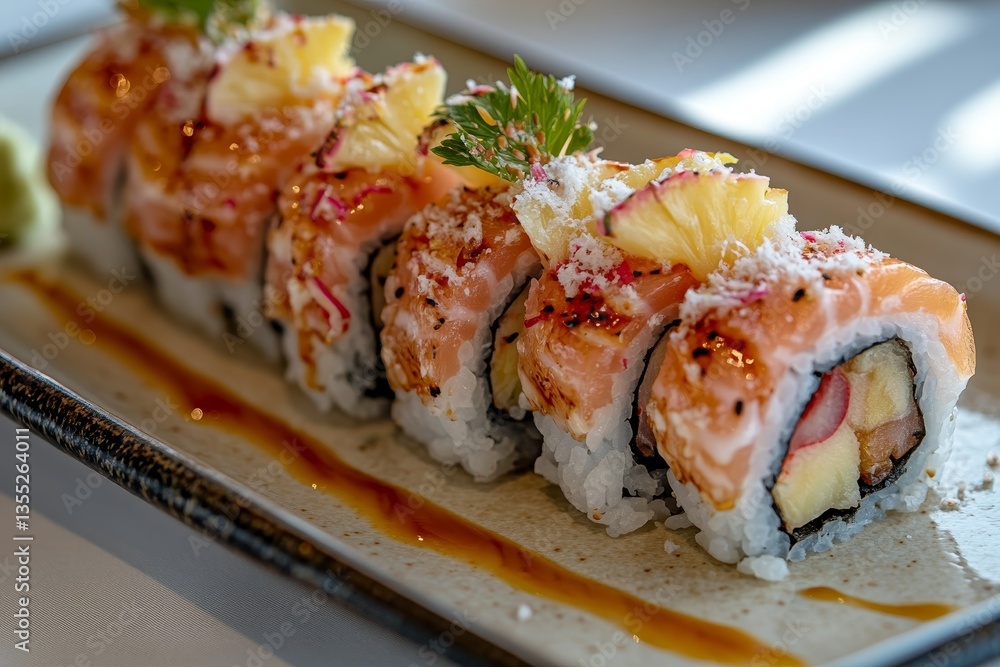 A close-up of a minimalistic sushi roll topped with fresh salmon, pineapple, and garnished with herbs on a rectangular plate A close-up of a minimalistic sushi roll topped with fresh salmon, pineapple, and garnished with herbs on a rectangular plate