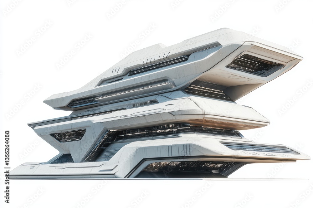 A 3D render of a futuristic building, isolated on a white background. A 3D render of a futuristic building, isolated on a white background.