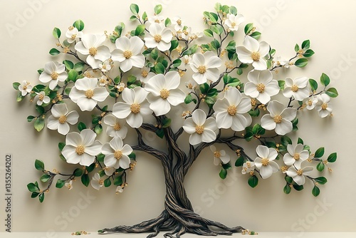Blooming Tree with White Flowers, Green Leaves, Brown Trunk against Cream Background