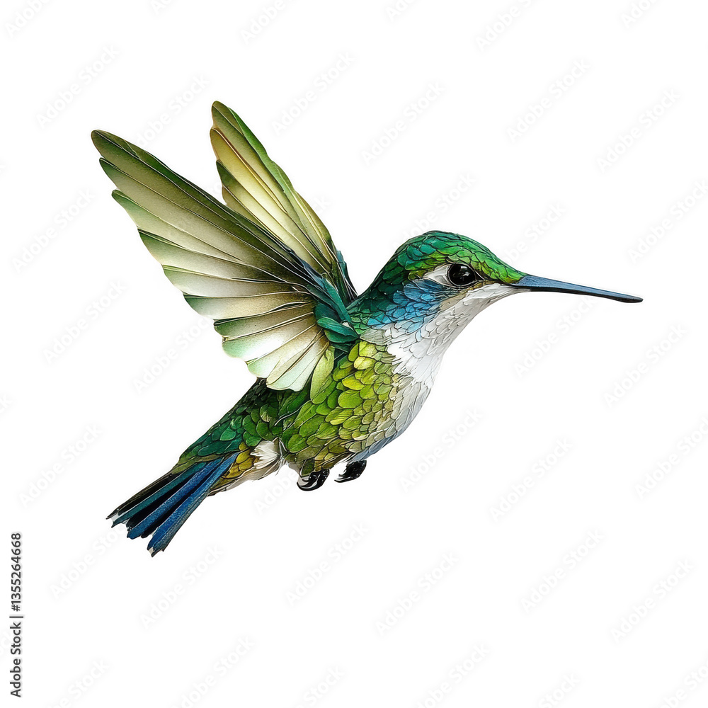 Fototapeta premium Hummingbird bird emerald feather nectar beak wildlife forest jungle flight wing flower tropical nature beauty delicate isolated on transparent background, png