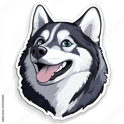 Cartoon husky dog with blue eyes and grey/white fur, sticking out its tongue with a cheerful expression. Vector illustration.