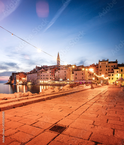 Night view on famous Rovinj, Croatia