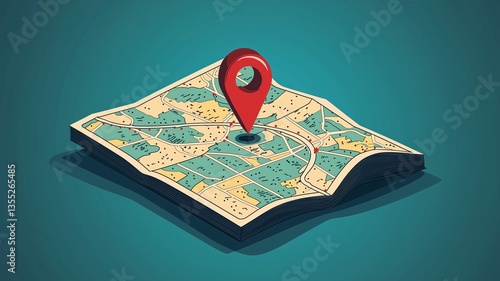 Red map pin marking a key destination on a folded map with a travel route.