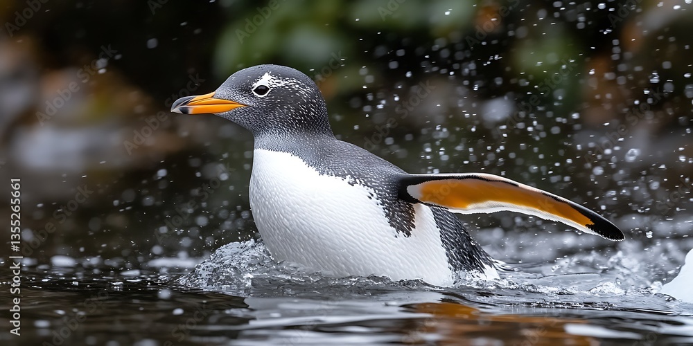Fototapeta premium Gentoo Penguin Running Water Splash.