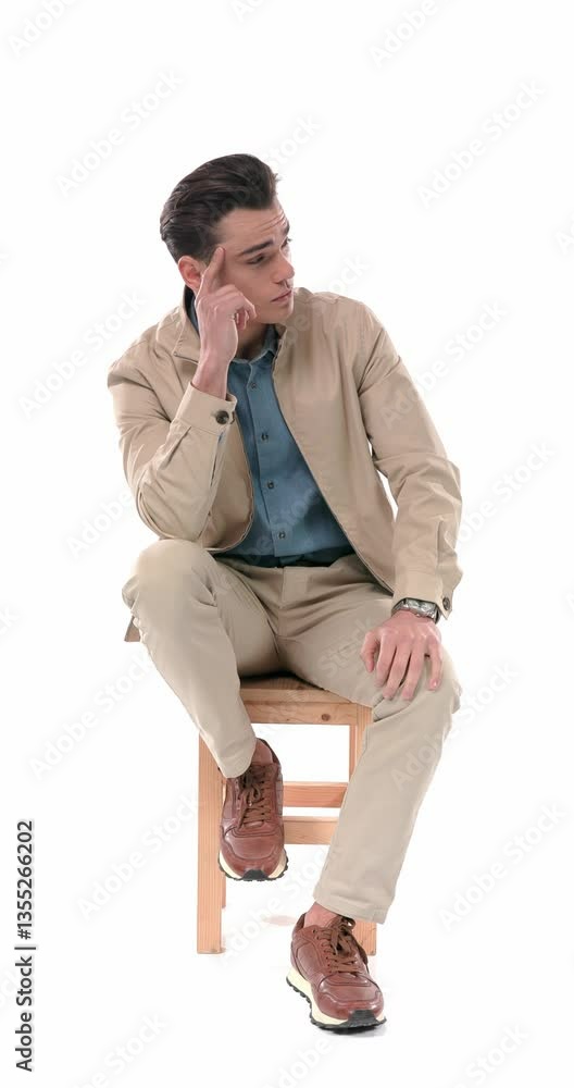 thoughtful casual man sitting, looking to side, checking the time and smiling while sitting on wooden chair in front of white background thoughtful casual man sitting, looking to side, checking the time and smiling while sitting on wooden chair in front of white background