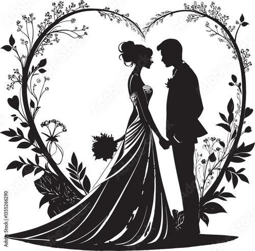 Romantic Wedding Couple Silhouette with Floral Heart Frame