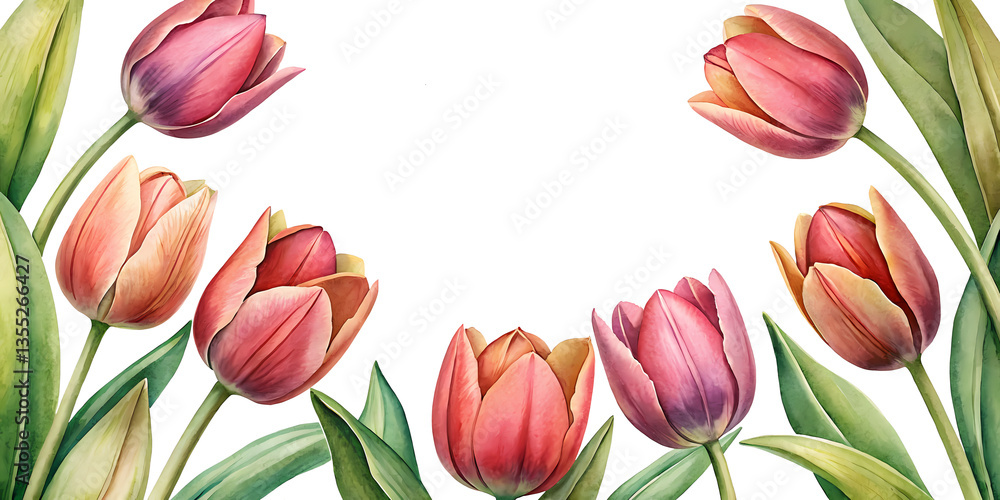Fototapeta premium Watercolor painting of a beautiful bouquet of tulips with vibrant pink and orange petals and green leaves arranged in a frame around a white background