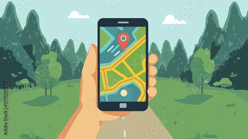 Hand holding a smartphone with a GPS navigation app open, showing a highlighted route with a final map pin.
