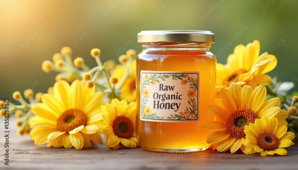 Honey jar with a label reading Raw Organic Honey, surrounded by fresh flowers. Beekeeping products. Honey jar with a label reading Raw Organic Honey, surrounded by fresh flowers. Beekeeping products.