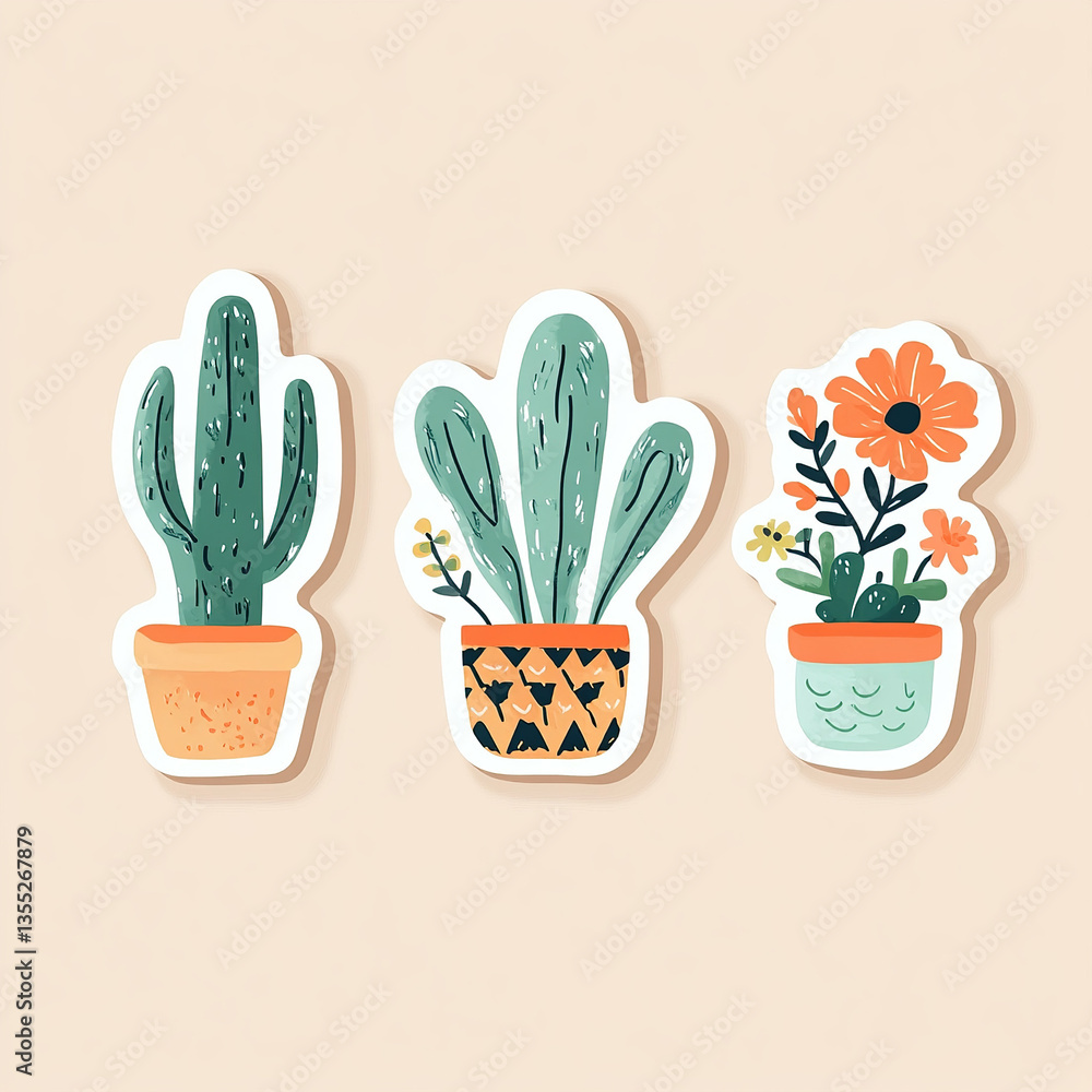 Botanical Sticker Set: Three potted plants, including cacti and flowering succulents, brighten a soft tan background. Botanical Sticker Set: Three potted plants, including cacti and flowering succulents, brighten a soft tan background.