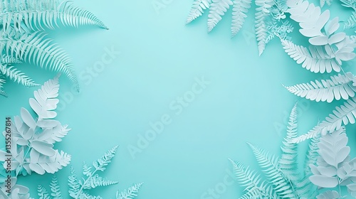 White ferns frame teal background; nature, botanical design,  greeting card, website banner