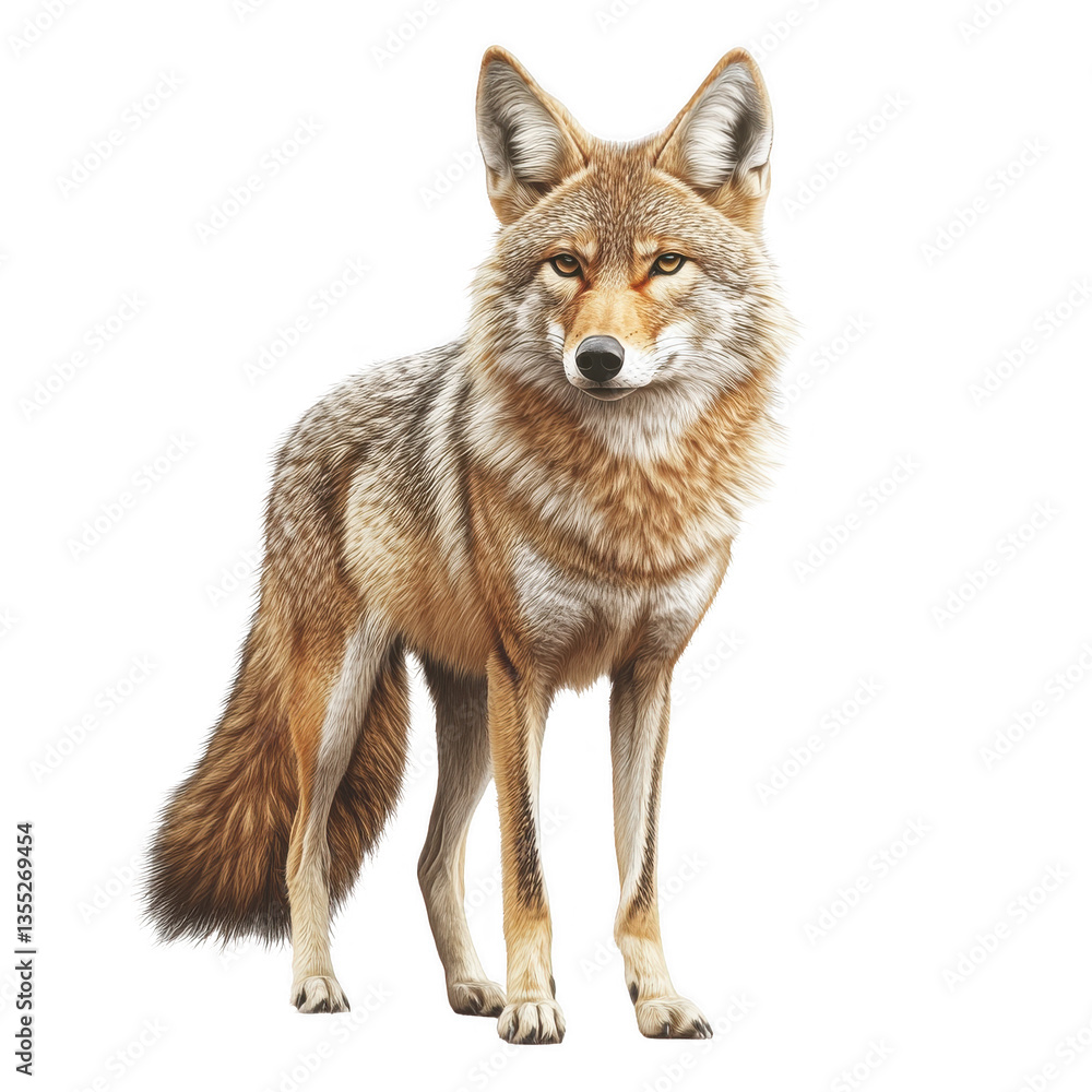 Fototapeta premium Coyote wild canine predator fur animal forest desert mammal wilderness alert sharp hunter wildlife nature snout ear tail standing stare isolated on transparent background, png