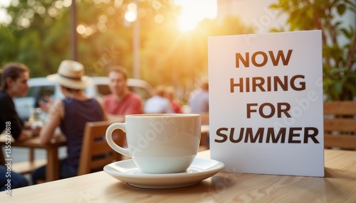 Now Hiring for Summer Café Sign with Coffee Cup at Sunset  