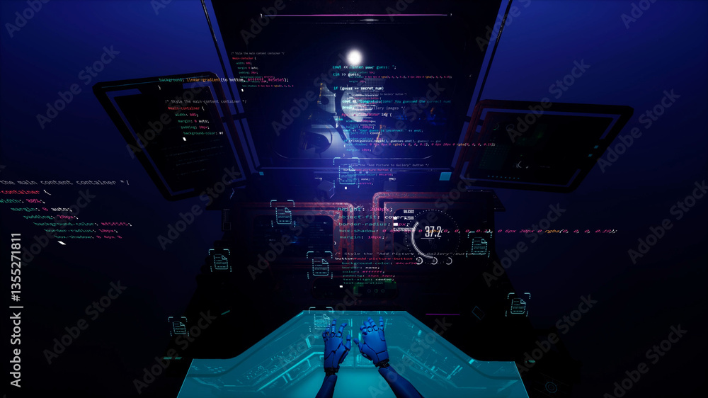 Naklejka premium 3d illustration of robot hands typing and working programming on developing code. High technology illustration