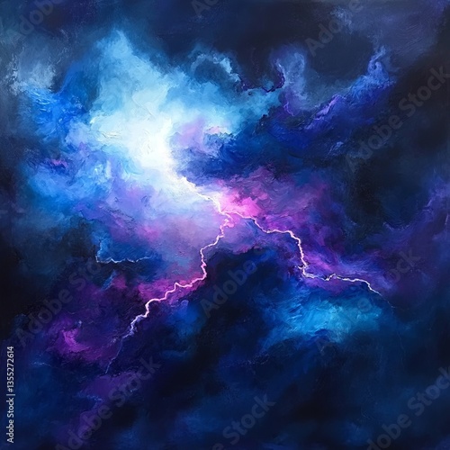 abstract interpretation of a thunderstorm with glowing lightning, swirling clouds, and deep, vibrant blues and purples, dramatic and intense vibe