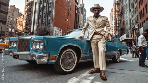 Stylish man posing with classic car in 1970s urban street scene