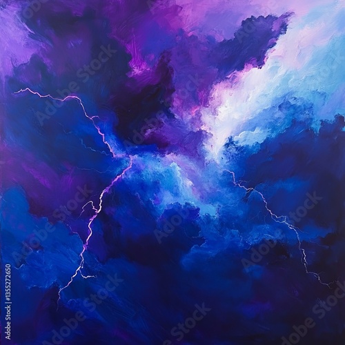 abstract interpretation of a thunderstorm with glowing lightning, swirling clouds, and deep, vibrant blues and purples, dramatic and intense vibe