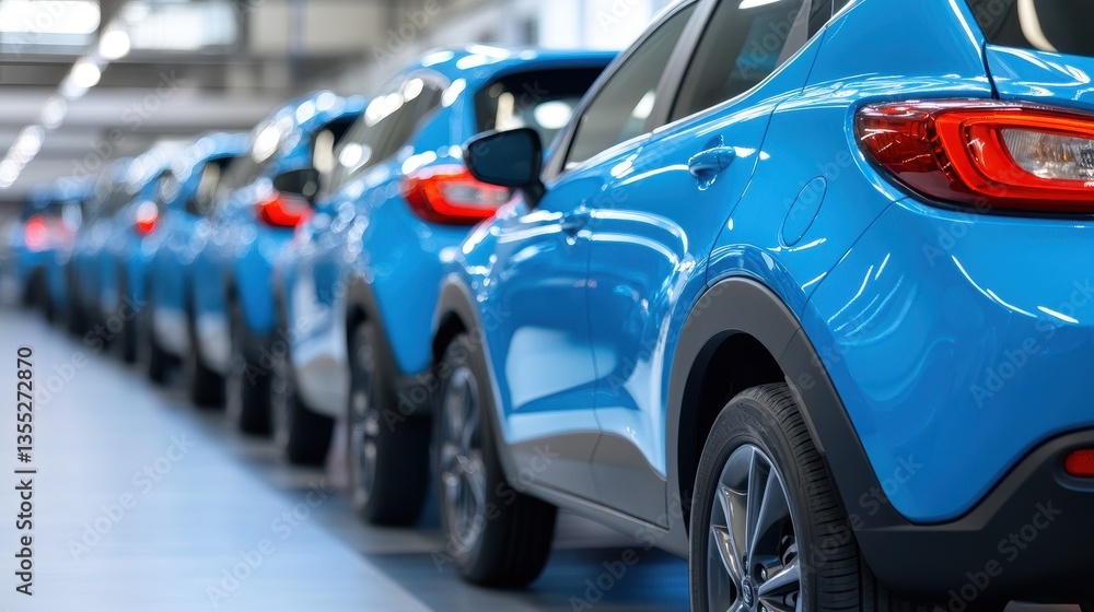 New Blue Cars Assembly Line in Modern Auto Factory. New Blue Cars Assembly Line in Modern Auto Factory.